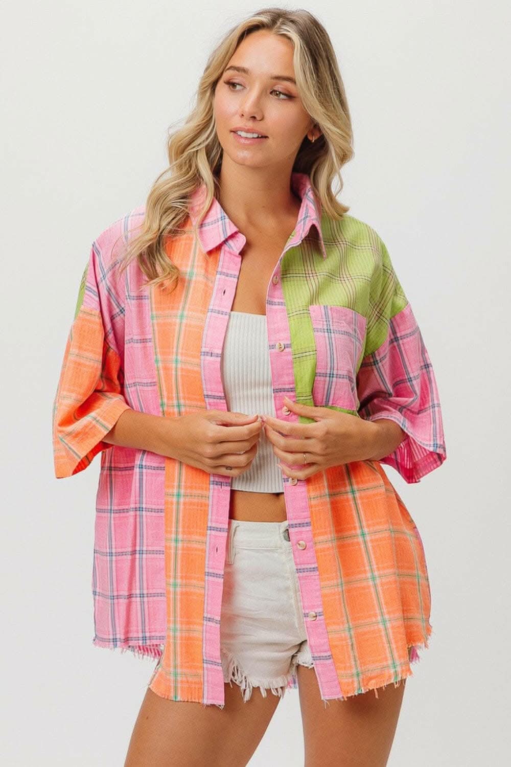 BiBi Plaid Collared Neck Half Sleeve Shirt - Love Salve